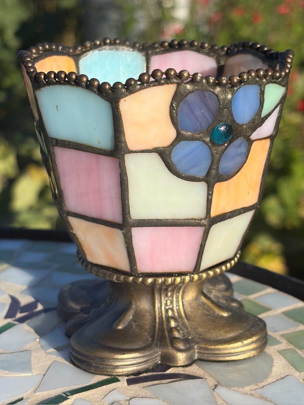 PartyLite Floral Stained Glass Tiffany Style Votive Tea Light Candle Holder